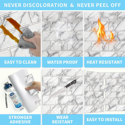 10 Sheet Peel And Stick Backsplash Tiles 12x12 Self Adhesive Subway Wall Tiles White Marble Look For Kitchen And Bathroom Waterproof And Heat Resistant Easy DIY Install, showcasing cleaning, waterproofing, and heat resistance features.
