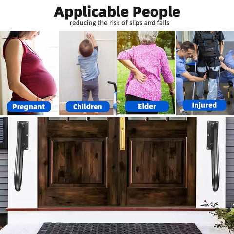Rock Solid Wall Mounted Stair Handrail And Heavy Duty Grab Bar For Indoor Outdoor Porch Garage With Tight Non Slip Grip And Powder Coated Finish For Tough As Nails Protection On One To Three Steps, shown with people in varied situations.