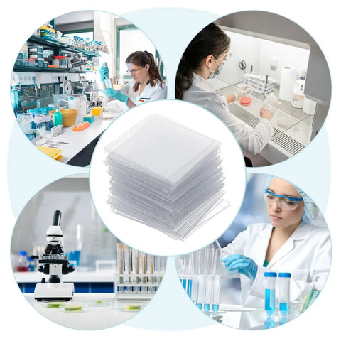 Disposable Plastic Microscope Slides 22x22mm, Clear One Time Use Lab Slides, 100 Count, Perfect for Urine Test Samples and Everyday Microscopy stacked in lab