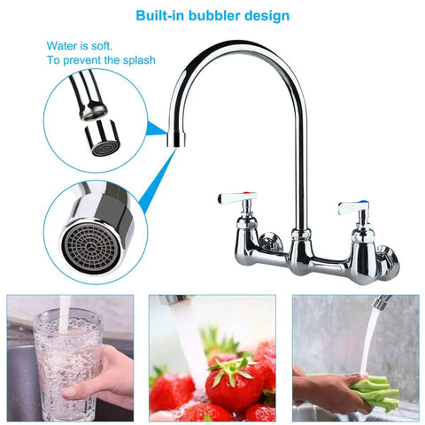Commercial Wall Mount Kitchen Faucet With 8-Inch Center Gooseneck Swivel Spout, Two Handles, Built-in Bubbler Design