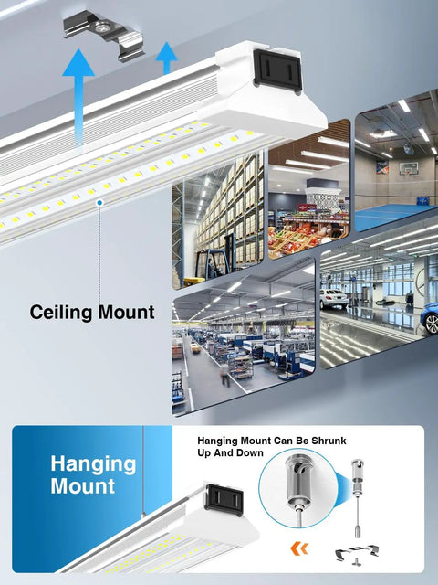 Ultra Bright 60W 4Ft LED Shop Light 9000 Lumens 5000K Daylight Linkable Ceiling Lighting with mounting options for various spaces.