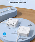 Hella Spaced Surge Protector Power Strip With Flat Plug Extension Cord And 5 Foot Cord features 8 AC outlets and 4 USB ports on a light blue surface.