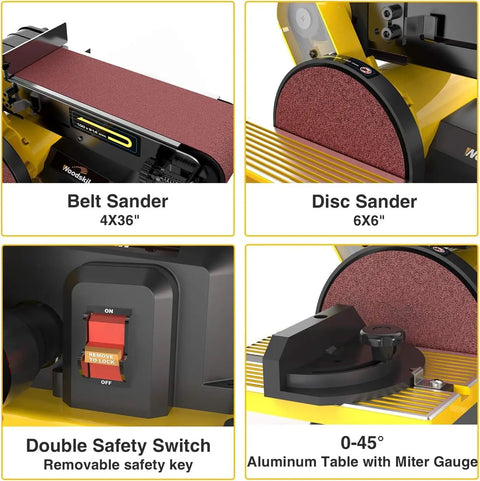 Beefy Three Quarter HP Belt And Disc Sander With 4x36 Inch Belt And 6x6 Inch Disc, showing adjustable table and safety switch.