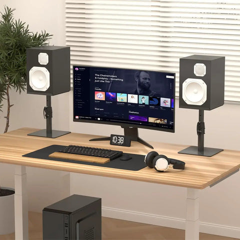Two Pack Free Standing Universal Desk Speaker Stands That Are Rock Solid With 9.6 By 8.8 Inch Trays Height Adjustable Pole And Tilt