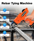 Heavy Duty Automatic Rebar Tying Gun 110V Cordless With 1800mAh Battery Fast Steel Wire Tacker For Construction Mesh Tools Complete Set Orange, in use on steel bars.