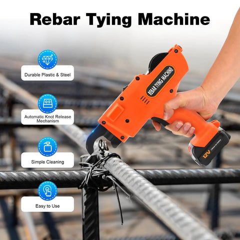 Professional Automatic Rebar Tie Gun 12V Electric Steel Bar Tier Tying Machine For Construction Pros in use on steel bars.