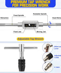 Adjustable Metric Tap And Die Set 21 Pc with 2 tap wrenches, HSS drill, M3-M12 range, featuring fixed and moving jaws.
