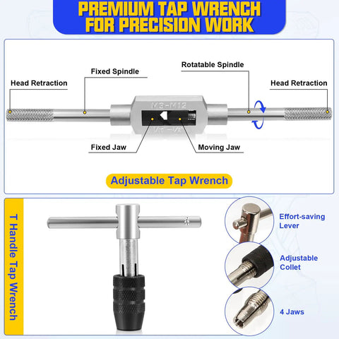 Adjustable Metric Tap And Die Set 21 Pc with 2 tap wrenches, HSS drill, M3-M12 range, featuring fixed and moving jaws.