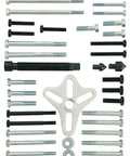 46 Piece Harmonic Balancer Puller Set And Steering Wheel Puller Kit components spread out showing bolts and yoke.