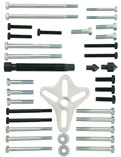 46 Piece Harmonic Balancer Puller Set And Steering Wheel Puller Kit components spread out showing bolts and yoke.