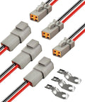 3 pack of 12 AWG 2 Pin DTP Connector 2 Way Waterproof Automotive Electrical Connectors shown with leads and clips