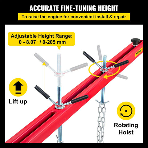 Beefy Heavy Duty Engine Support Bar 1100 Lbs Capacity For Transmissions And Engine Removal With 2 Point Lift Dual Hooks Stable Hoist For Home Garages And Auto Repair Shops red steel bar with adjustable height and rotating hoist