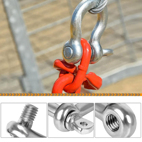 Close-up of a 4 Pack Screw Pin Anchor Shackles For Traction Steel Wire One Quarter Inch Six Millimeter Heavy Duty Stainless Steel 304 Rustproof