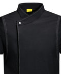 Lock In Your Kitchen Grind With This Fresh Modern Fit Short Sleeve Chef Coat Jacket Double Breasted Breathable Restaurant Catering Uniform Shirt For Dedicated Cooks And Chefs, black short sleeve chef coat with snap closure.