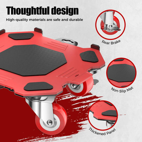 Kavlium Heavy Duty Furniture Dollies With 5-Wheel Movers, showing red dolly with non-slip mat and rotating casters for easy transport.