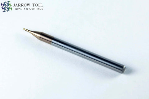 Angled side view of Jarrow Tool carbide ball-nose end mill with TiAlN coating; silver shank and gold-tipped end for CNC milling