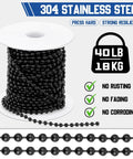 Beaded Chain For Roller Shades And Vertical Blinds 50 Ft 3mm With 50 Connectors Black, spool of durable black stainless steel beads