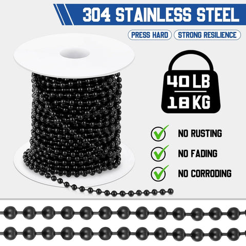 Beaded Chain For Roller Shades And Vertical Blinds 50 Ft 3mm With 50 Connectors Black, spool of durable black stainless steel beads