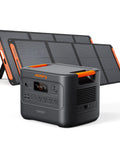 HomePower 3000 Portable Power Station With 2X 200W Solar Panels in black and orange, front view with visible outlets