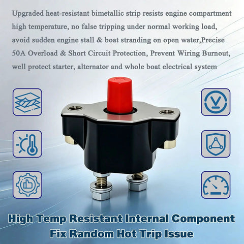 Top Shelf 50 Amp Push Button Circuit Breaker Badass Heavy Duty Build For Marine Motors High Heat Resistive OEM Drop In Swap Zaps Stubborn Hot Trips Smooth Sailing Operation Guaranteed in a close-up view.
