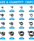 130-Piece Spring Band Hose Clamp Kit With Pliers for 6-25mm clamps, showing sizes and quantities; ideal for various hoses and pipes.