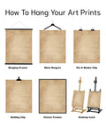 Illustration showing various ways to hang Steampunk Patent Print Wall Art Set For Engineers 8x10 Unframed Prints.