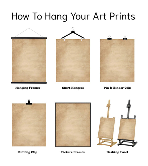 Illustration showing various ways to hang Steampunk Patent Print Wall Art Set For Engineers 8x10 Unframed Prints.