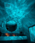 Sky Lite Evolve LED Galaxy Cloud Projector with Wi Fi ambient night light creating starry projections in a bathroom for cozy vibes.