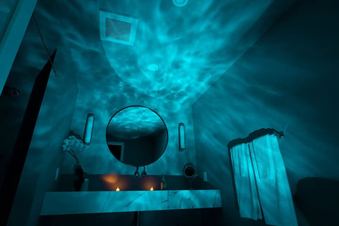 Sky Lite Evolve LED Galaxy Cloud Projector with Wi Fi ambient night light creating starry projections in a bathroom for cozy vibes.