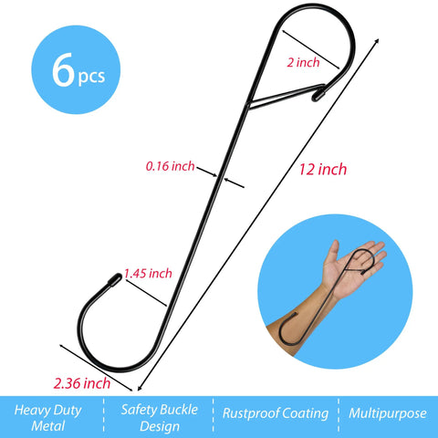 Heavy Duty 12 Inch S Hooks With Safety Buckle For Hanging Plants And More with dimensions and hand holding the hook