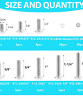 #12 24 Phillips Pan Head Machine Screws Hex Nuts Flat Washers Assortment Kit sizes and quantities chart for 304 stainless steel fasteners