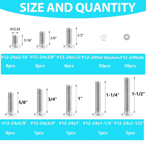 #12 24 Phillips Pan Head Machine Screws Hex Nuts Flat Washers Assortment Kit sizes and quantities chart for 304 stainless steel fasteners