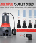 Heavy Duty Submersible Utility Sump Pump with multiple outlet sizes shown for adaptable hose connections.