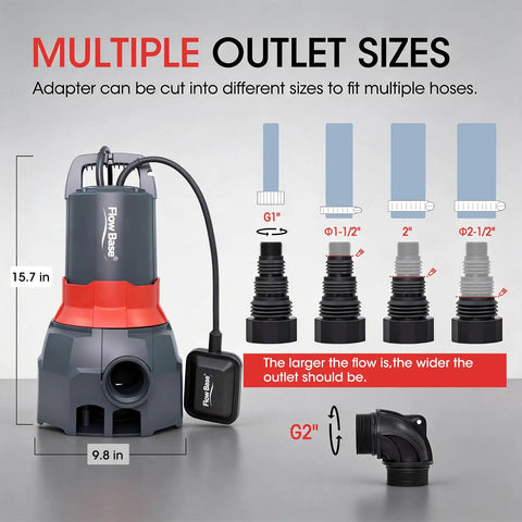 Heavy Duty Submersible Utility Sump Pump with multiple outlet sizes shown for adaptable hose connections.