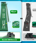 Indoor And Outdoor Golf Putting Mat With Realistic Green Speed And Dual Hazard Velvet Surface Ball Return 8ft Practice Putting Mat For Home And Office Includes Ball Return Track Interchangeable Backboards Lightweight ABS Great Gift For Golfers showcasing size comparison and ABS material detail.
