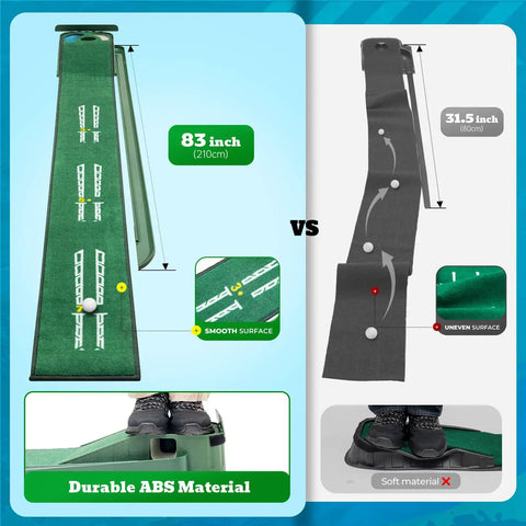 Indoor And Outdoor Golf Putting Mat With Realistic Green Speed And Dual Hazard Velvet Surface Ball Return 8ft Practice Putting Mat For Home And Office Includes Ball Return Track Interchangeable Backboards Lightweight ABS Great Gift For Golfers showcasing size comparison and ABS material detail.