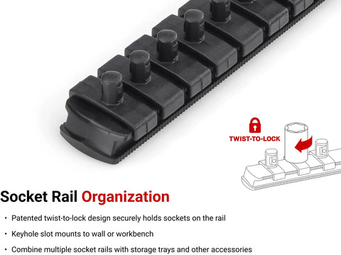 Close-up of twist-to-lock socket rail from Shallow Drive 1/4 Inch 11 Piece 12 Point Socket Set With Rail 5/32 To 9/16 Inch Includes 11 Sockets And Rail For Easy Organization Built Tough For Auto Home Garage And Everyday Maintenance SHD90103