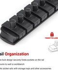 Close-up of socket rail with lock mechanism for One Quarter Inch Drive Deep Twelve Point Socket Set With Rail Eleven Piece From Five Thirty Two To Nine Sixteen Inches Heavy Duty Mechanic Grade Tools For Pro Jobs Includes Durable Rail For Easy Organization.