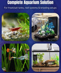Various aquarium setups for fresh and saltwater tanks showcasing fish and plants, highlighting the use of a Complete Aquarium Solution.