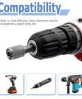 Five Piece SDS Plus Shank Drill Chuck Adapters Set To Convert To One Quarter Inch Hex Socket For Electric Hammer And Impact Drills High Hardness Forty Five Steel Drill Bit Holder Extends Tool Range shown with compatible power tools