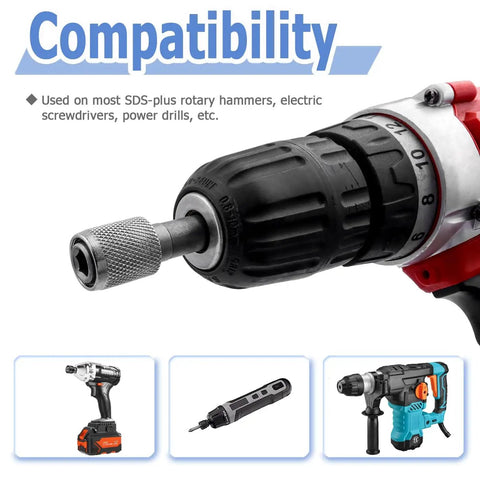 Five Piece SDS Plus Shank Drill Chuck Adapters Set To Convert To One Quarter Inch Hex Socket For Electric Hammer And Impact Drills High Hardness Forty Five Steel Drill Bit Holder Extends Tool Range shown with compatible power tools