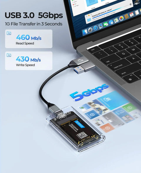 USB 3.0 mSATA SSD Enclosure With USB C To USB C And USB A Cable Slick Transparent Portable External Drive connected to laptop