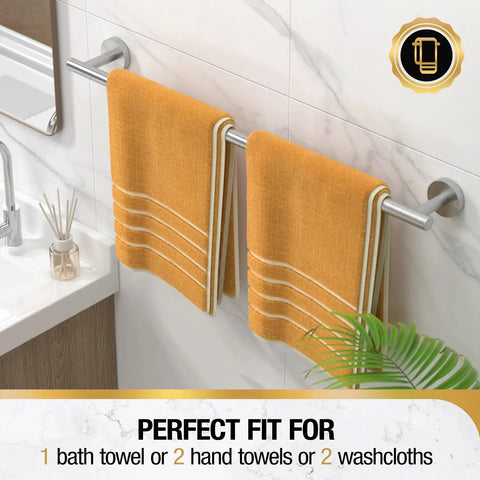 Brushed Nickel 24 Inch Towel Bar Wall Mounted Stainless Steel Bath Rack with two orange towels in bathroom setting