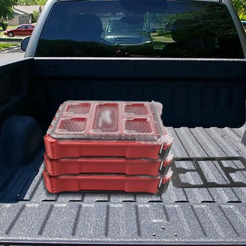 Red modular toolboxes in truck bed, showcasing stacking capability for Aluminum Toolbox Side Panel With Folding Storage Tray.