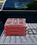 Stacked red modular toolboxes in truck bed for Folding Workstation Mount For Modular Toolbox And Truck Bed Storage Aluminum Alloy Side Tray