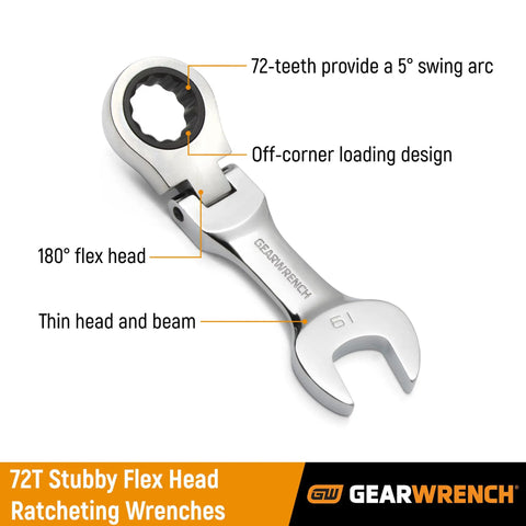 10-Pc Metric Stubby Flex-Head Ratcheting Wrench Set with 72-teeth, 180° flex head and off-corner loading for strong grip.