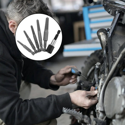 Get Your Broken Screw Or Bolt Fixin' Done Fast With The FIXOSHEE Steel Screw Extractor Kit #1 Through #5 Featuring A Super Comfortable Grip And Tough Build Perfect For Any Home Repair Or DIY Project Out There. Steel screw extractor kit #1-#5 used on a motorcycle repair