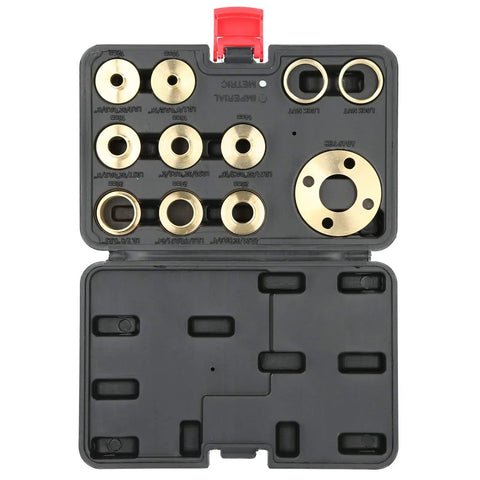 Boss Level 11 Piece Brass Router Bushing Kit Smooth Template Guides With Secure Lock Nut And Compact Storage Case opened with brass bushings.