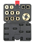 11 Piece Template Router Guide Bushing Kit With Heavy Duty Lock Nuts And Precision Adapter in a case.