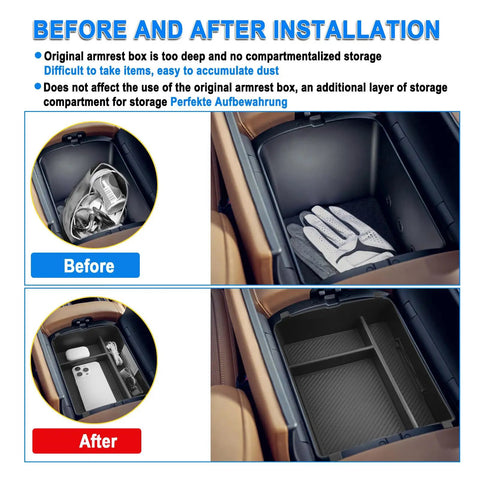 Before and after installation of Hyundai Palisade 2026 Center Console Organizer Tray for 7 Seat Calligraphy Trim
